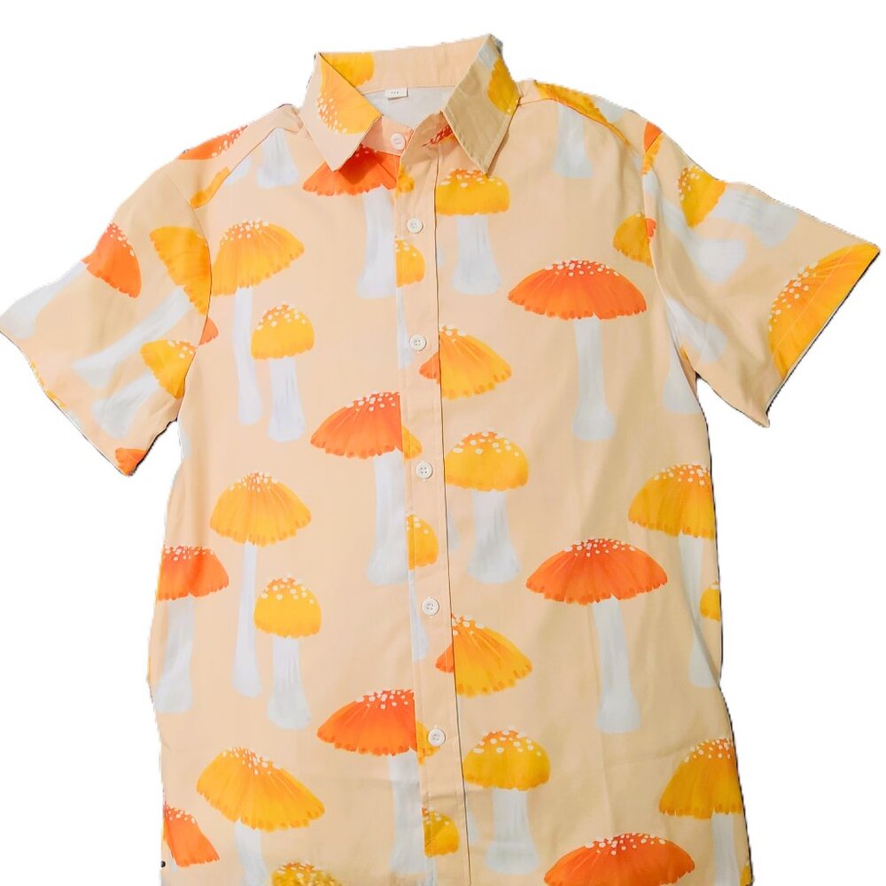 New Orange and Yellow Mushroom Print Button Front Short Sleeved Shirt